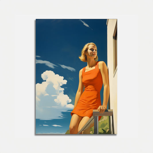 A woman in an orange dress leaning on a railing under a blue sky with clouds.