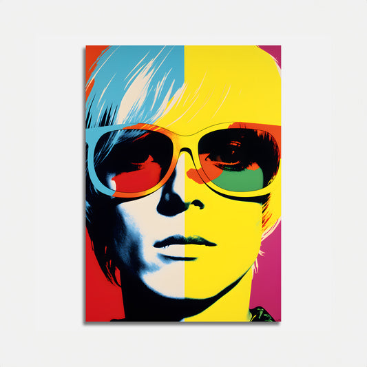 Pop art style portrait with bold color blocks and sunglasses.