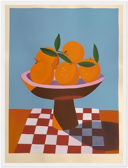A framed painting of a bowl containing oranges on a checkered surface.