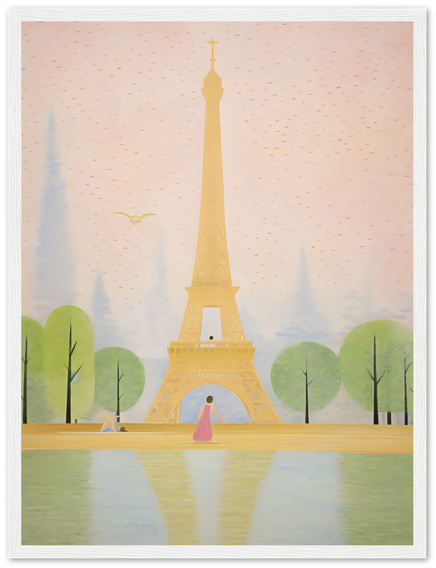 Illustration of the Eiffel Tower with trees, a reflective pool, and a person in a pink dress.