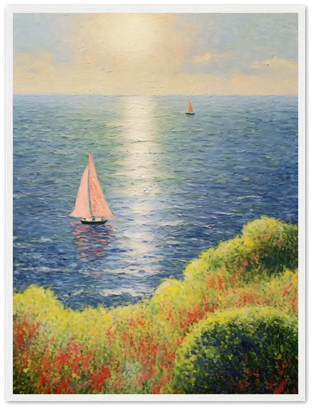 Impressionist-style painting of sailboats on a sunlit ocean, framed on a wall.