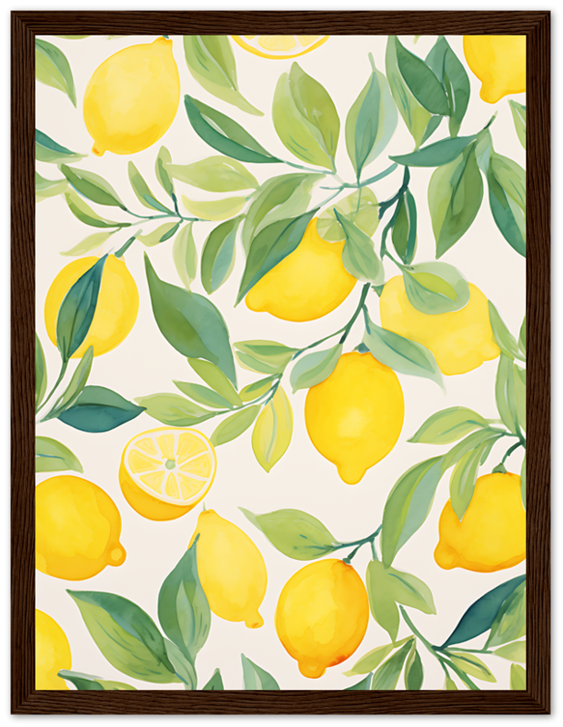 A framed painting of lemons and green leaves on a light background.