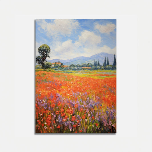 Painting of a vibrant, colorful flower field with trees and mountains in the background.
