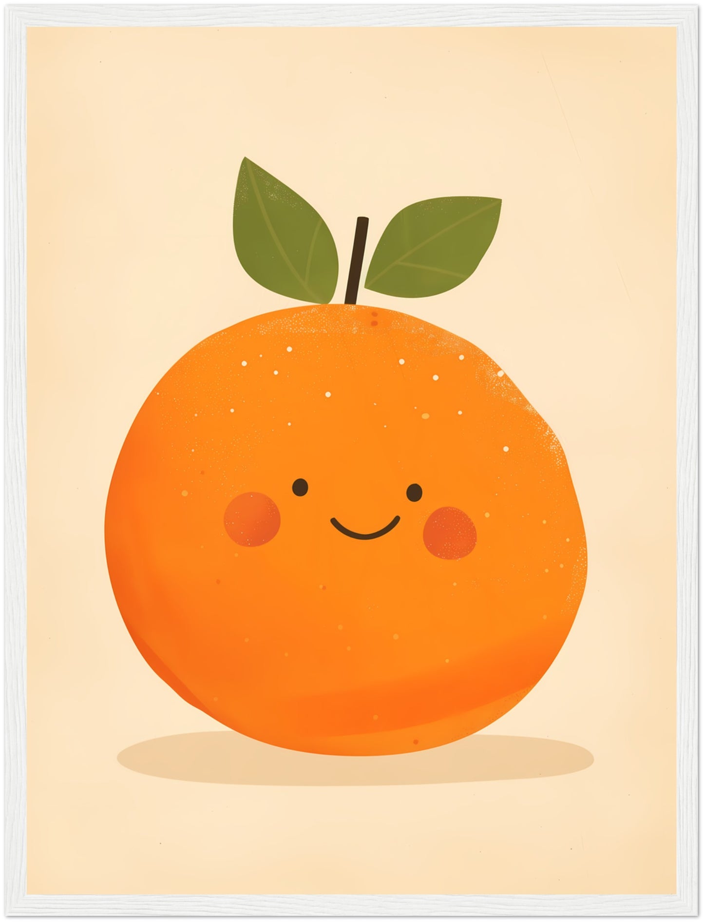 Illustration of a cute smiling orange with leaves in a frame.