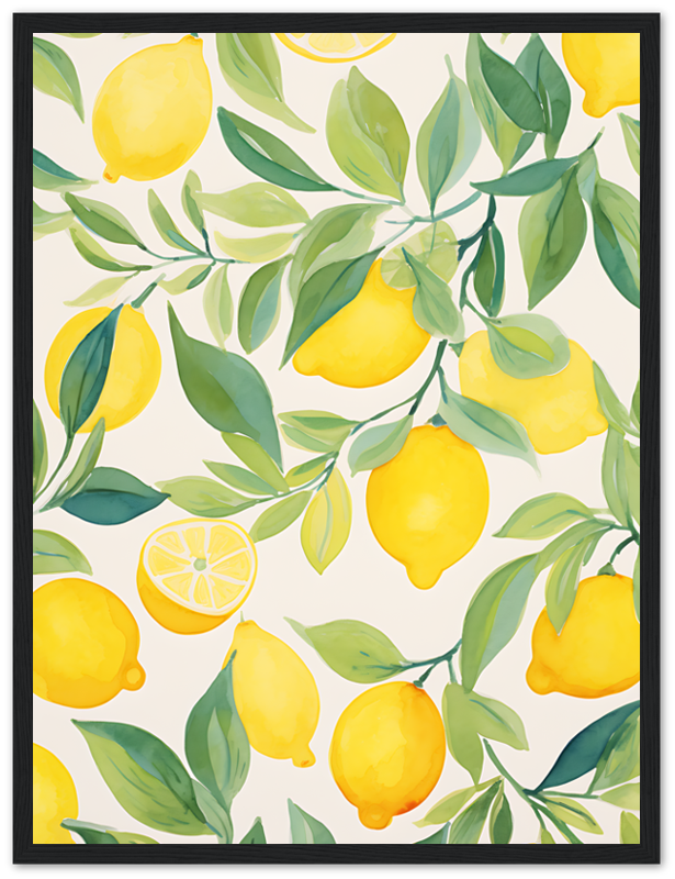 A framed painting of bright yellow lemons with green leaves on a cream background.