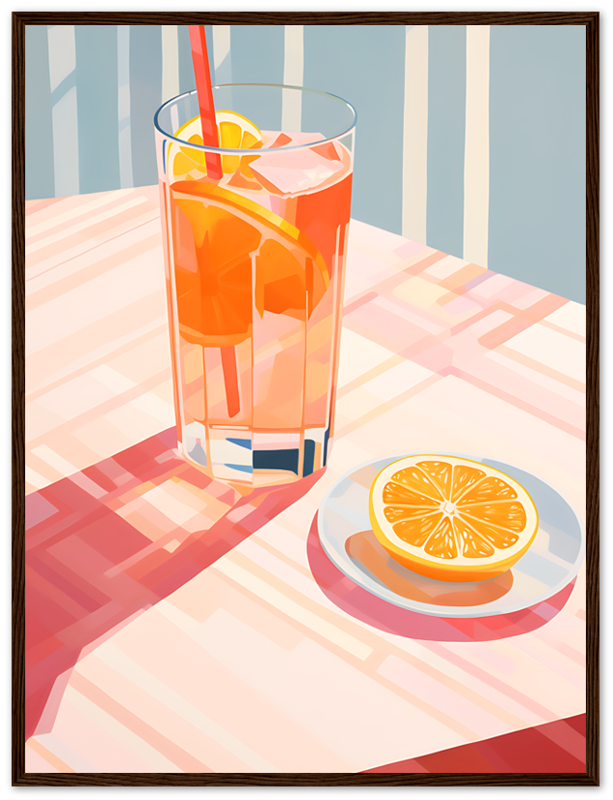 A digital illustration of a glass of iced tea with a lemon slice and a plate with an orange slice.