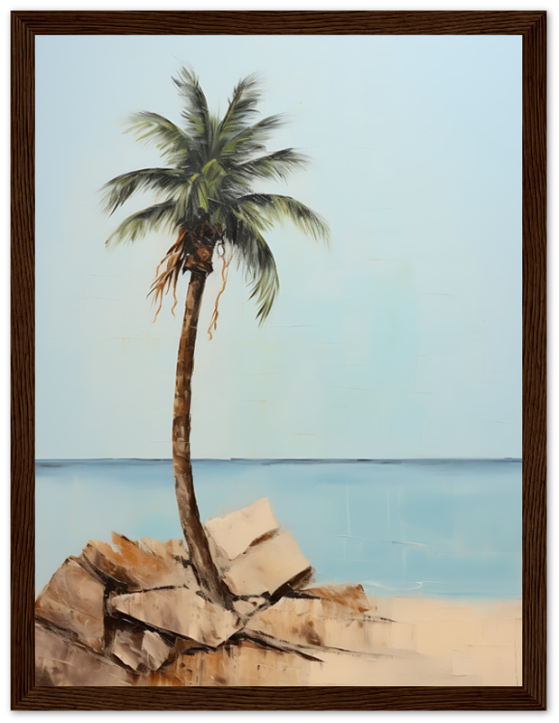 A framed painting of a lone palm tree on a rocky outcrop by the sea.