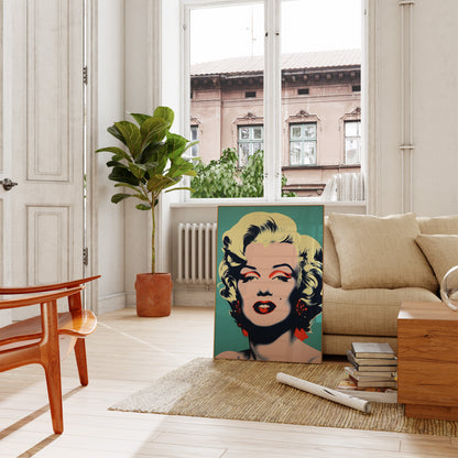 A stylish living room with a pop art portrait of a woman next to a sofa.
