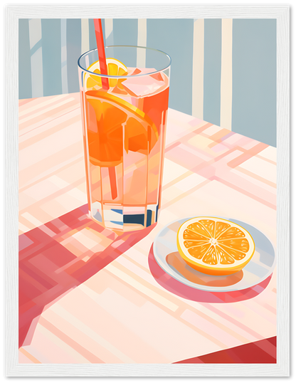 A glass of iced tea with a lemon slice on a sunny table.