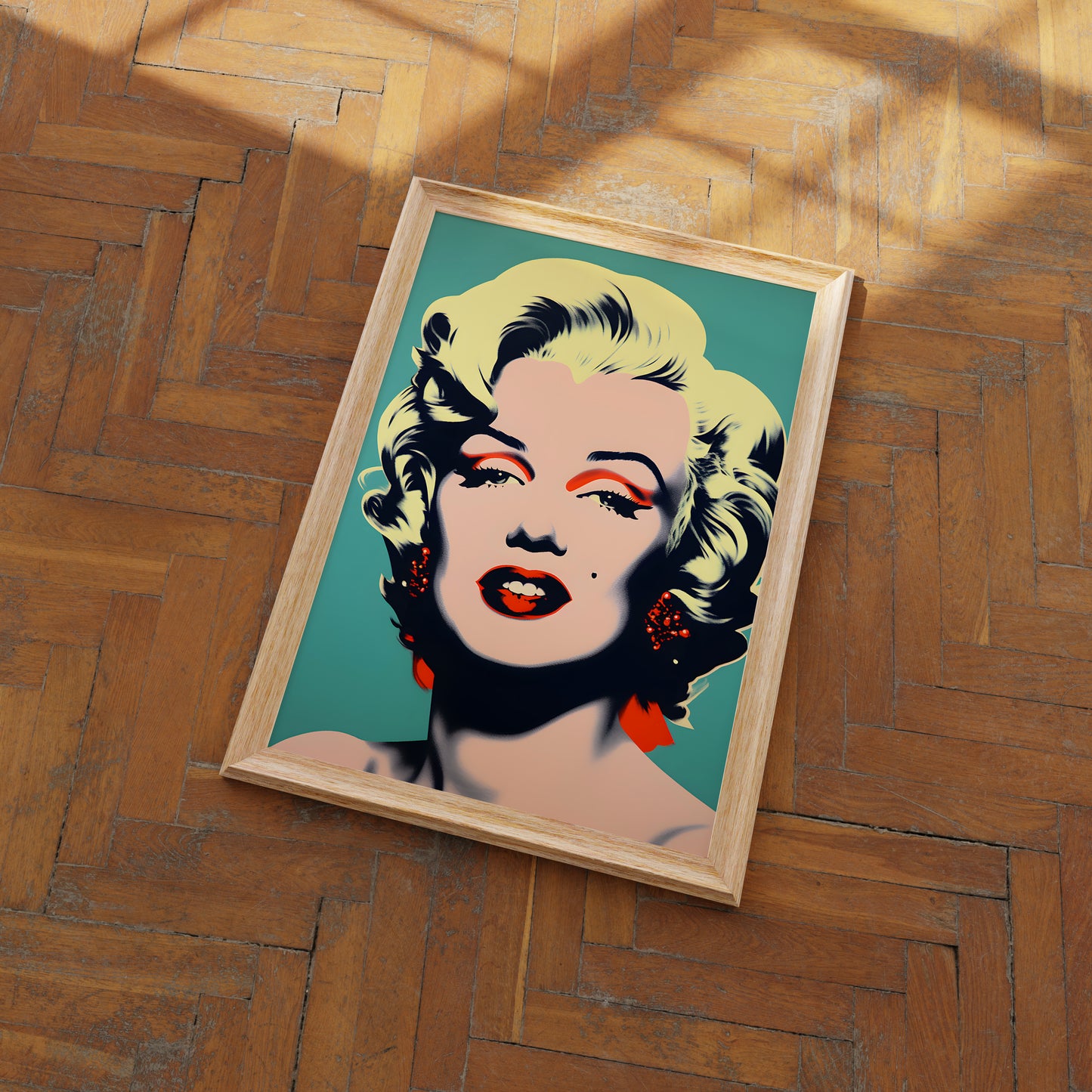 Pop art style portrait of a woman on a framed canvas lying on a wooden floor.