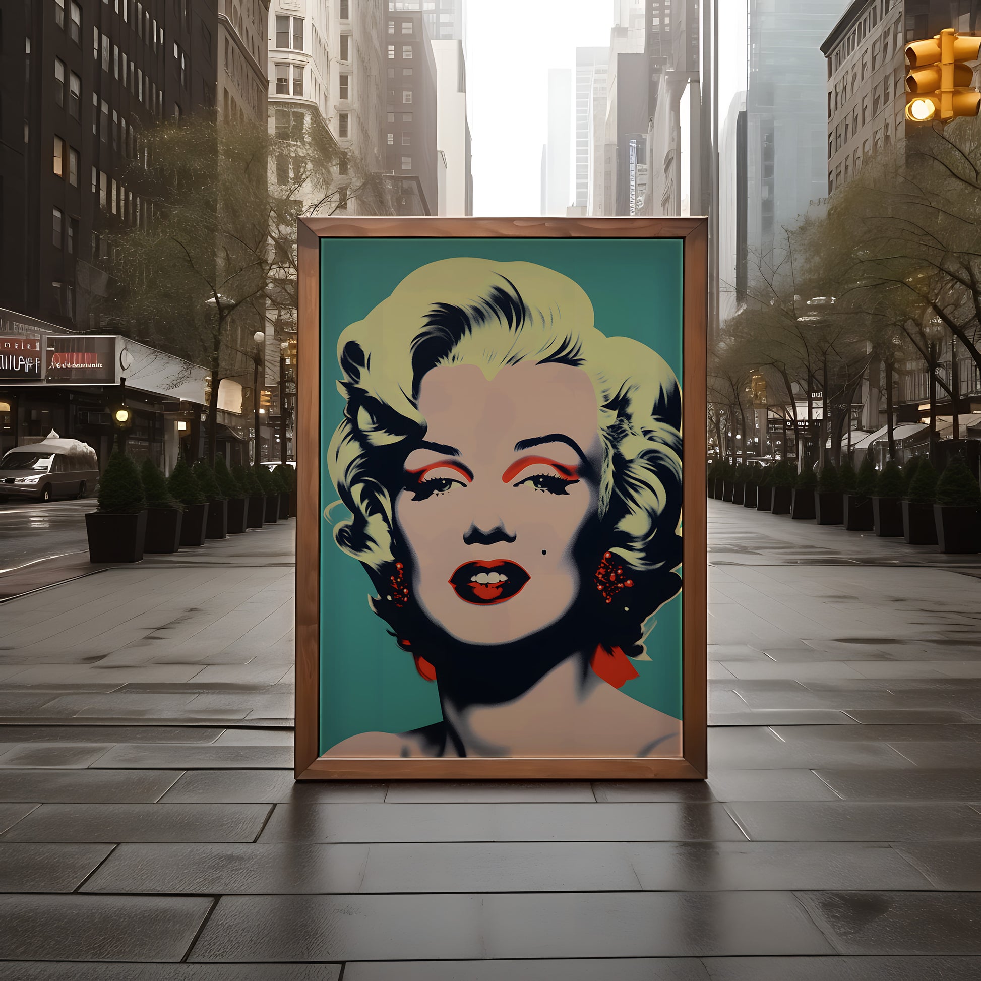 A large pop art portrait displayed on a city street.