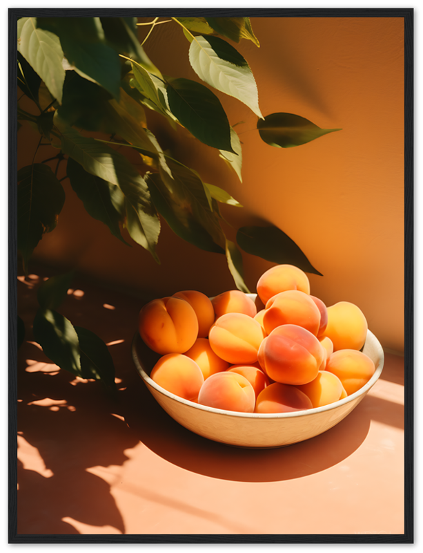 A bowl of apricots bathed in sunlight next to a shadowy plant on a warm orange surface.