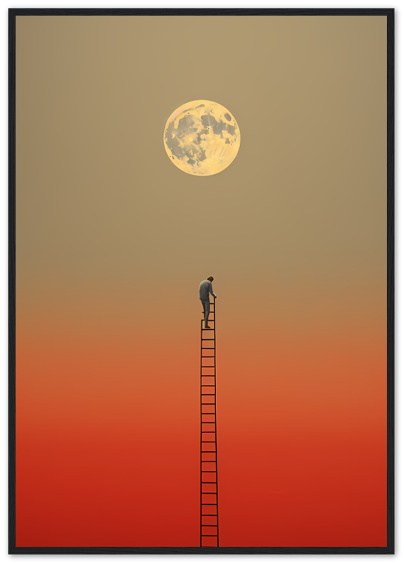 "Person on a ladder reaching towards a large moon in a framed sunset sky."