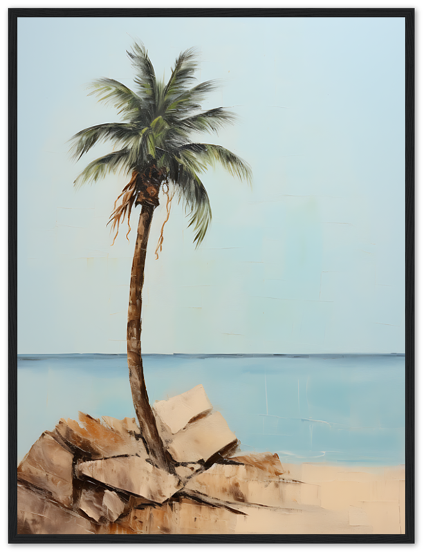 Framed painting of a lone palm tree on rocky terrain with a calm blue sea in the background.