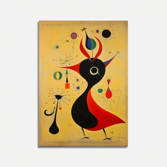 Abstract painting with vibrant colors and whimsical shapes on a yellow background.