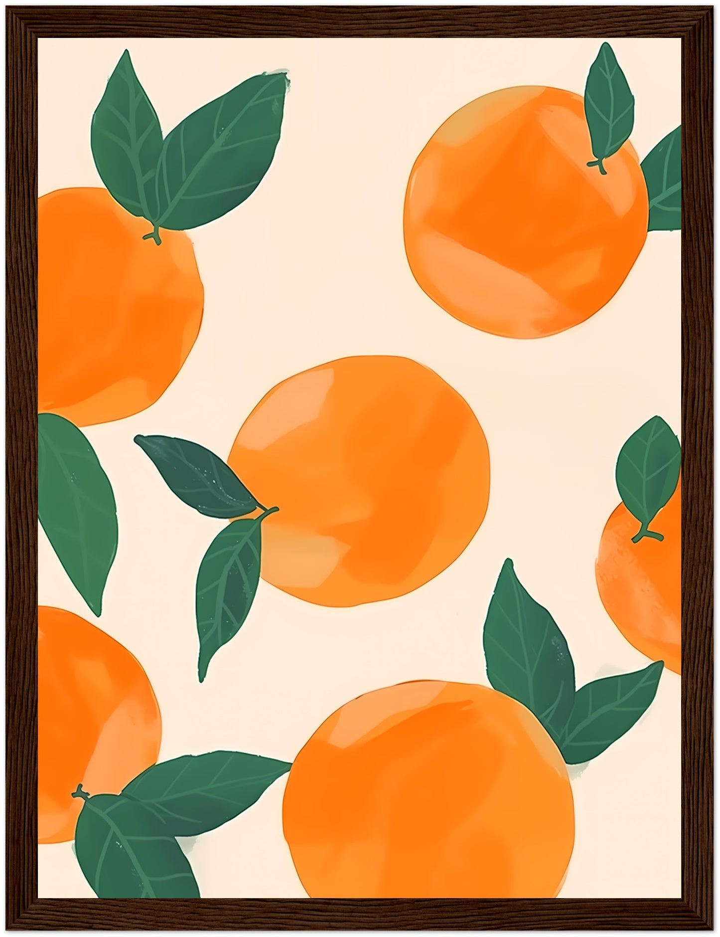 Illustration of vibrant oranges with leaves on a pale background, framed by a dark border.