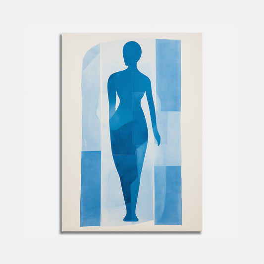Abstract art piece with blue silhouette of a human figure against a light background.