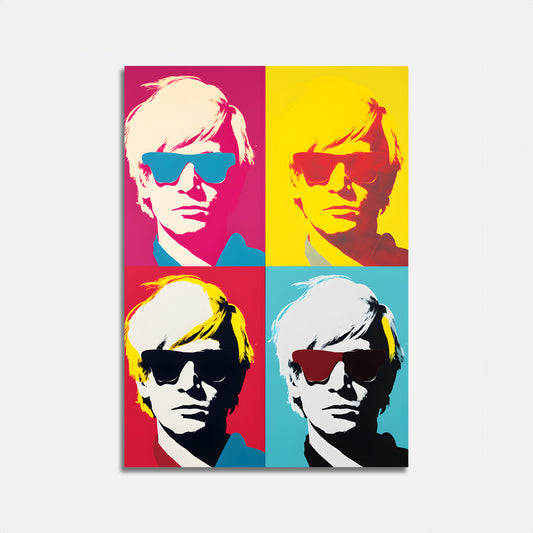Pop art style portrait with colorful quadrants and a repeated silhouette of a person wearing sunglasses.