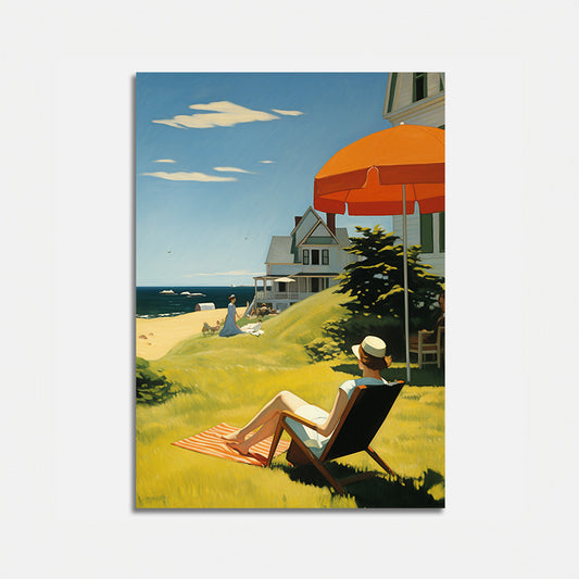 A painting of a person relaxing on a beach chair by the sea under a large orange umbrella.