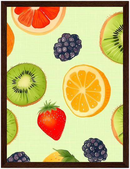 Colorful illustration of various fruits including strawberries, kiwis, and oranges on a patterned background.