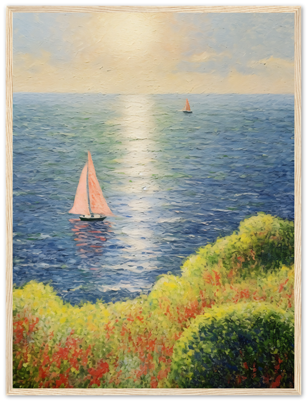 A framed painting of sailboats on a serene sea with colorful foliage in the foreground.