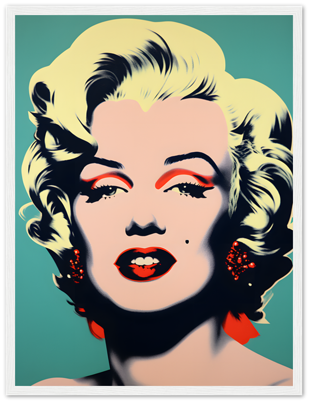 An iconic pop art style portrait of a blonde female celebrity with red lips and earrings.