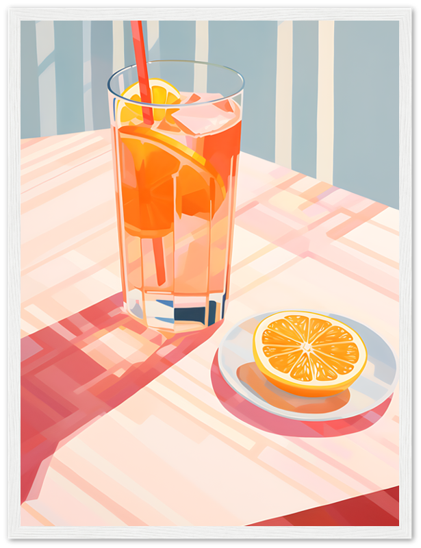 A glass of iced drink with a slice of orange on a plate, on a table with sunlight casting shadows.