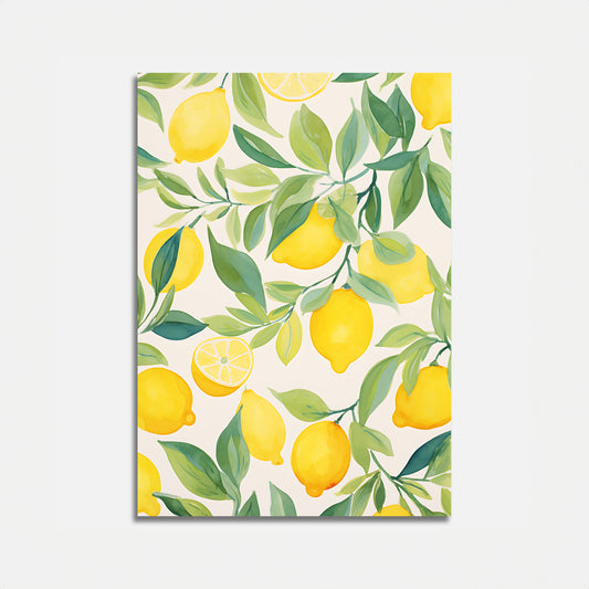A vibrant print with a lemon and leaf pattern on a light background.