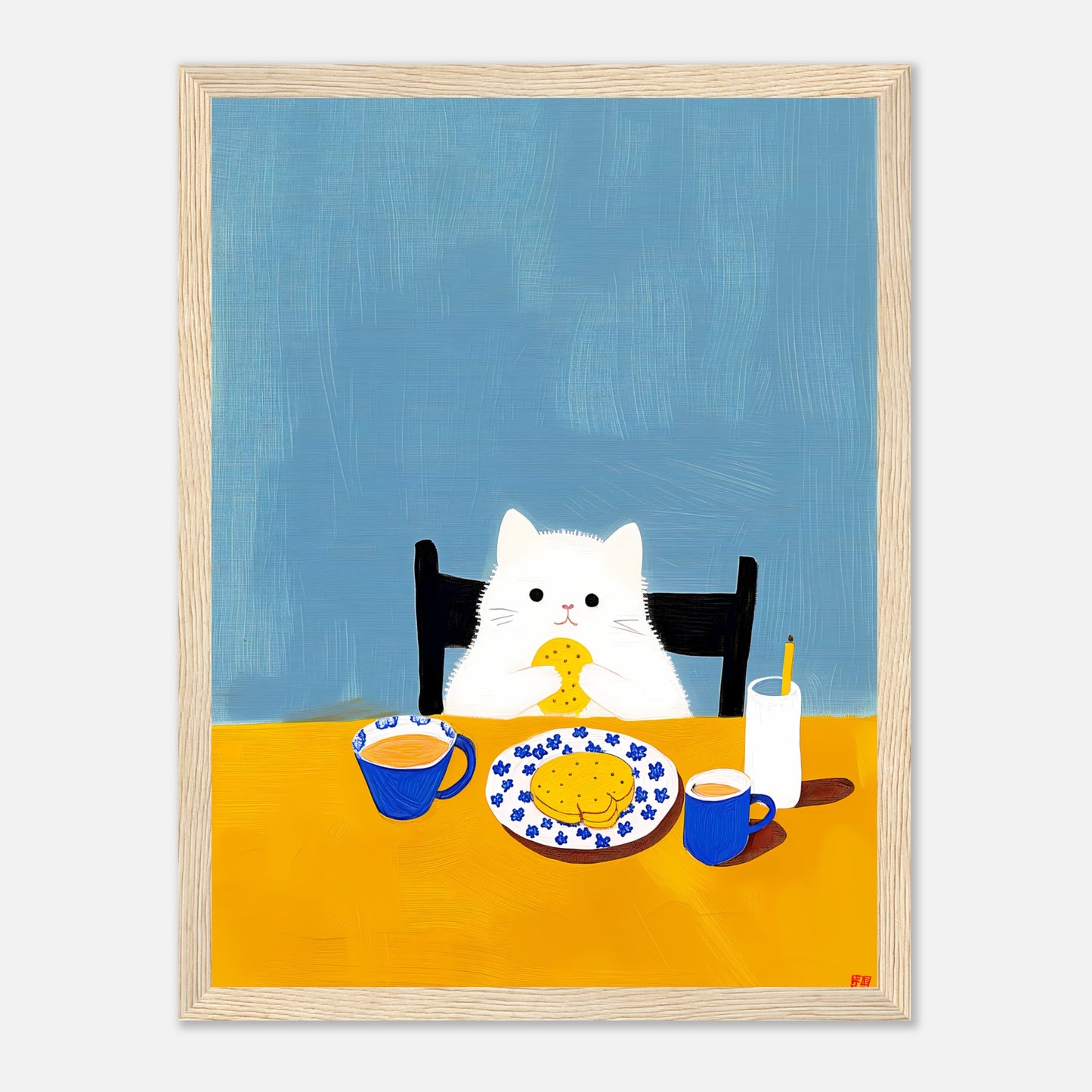 Illustration of a white cat sitting at a table with a cookie and a cup of tea.