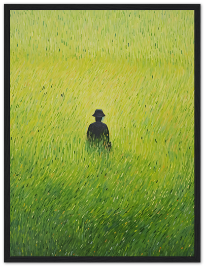 Painting of a solitary figure in a hat standing in a vibrant green field.