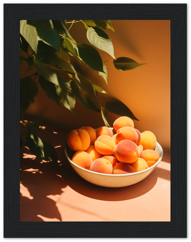 A bowl of ripe apricots under the shade of a tree with sunlight casting shadows.