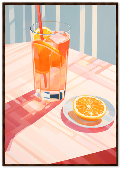 Illustration of a glass of iced tea with a lemon slice and a plate with a lemon slice on a table.