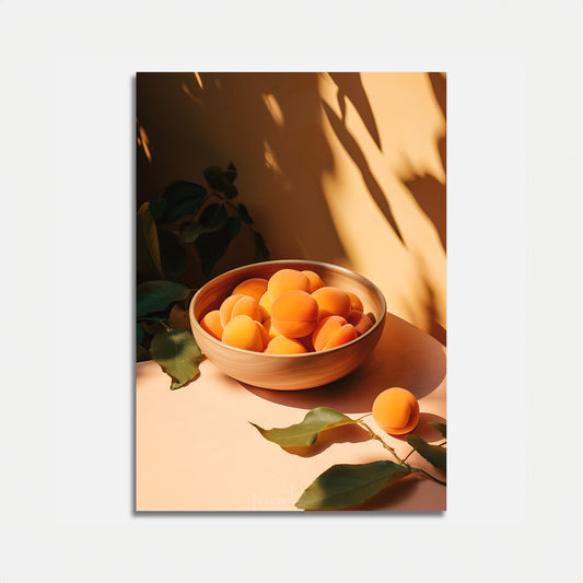 A bowl of apricots bathed in sunlight with leafy shadows on a pastel background.