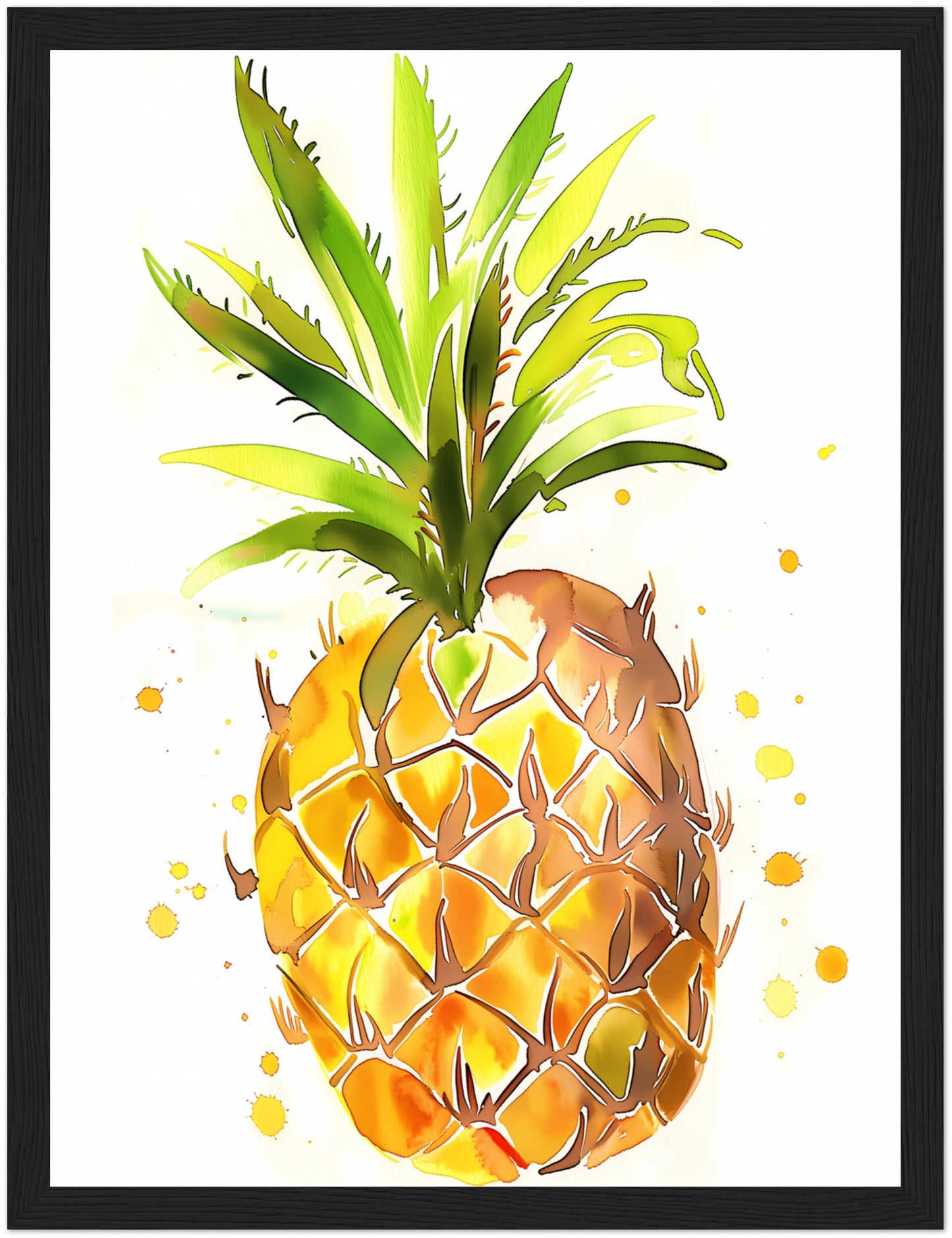 Watercolor painting of a pineapple with paint splatters around it.