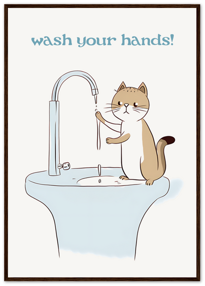 Illustration of a cat on a sink with water running from the tap and text "wash your hands!" framed on a wall.