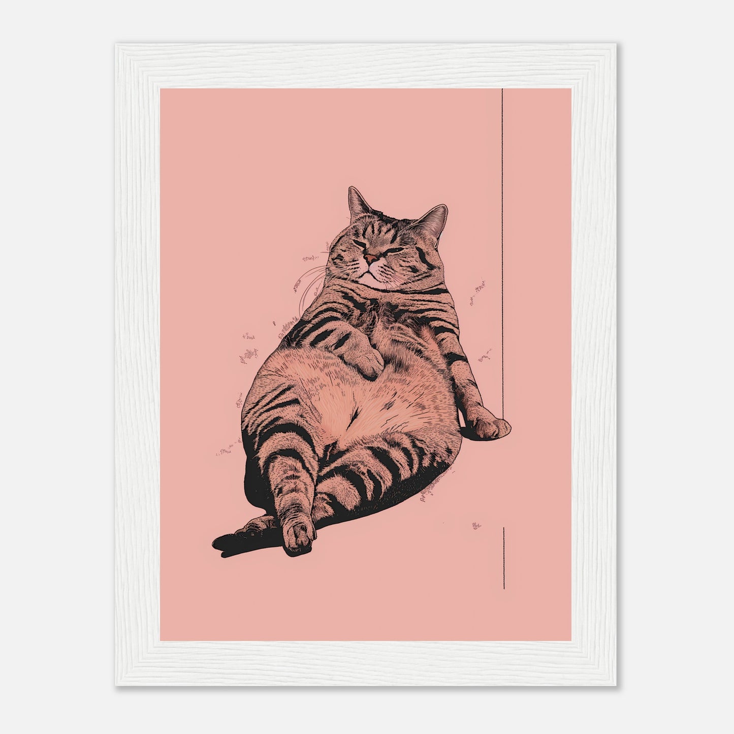 Illustration of a content cat lounging against a pink background, framed on a wall.