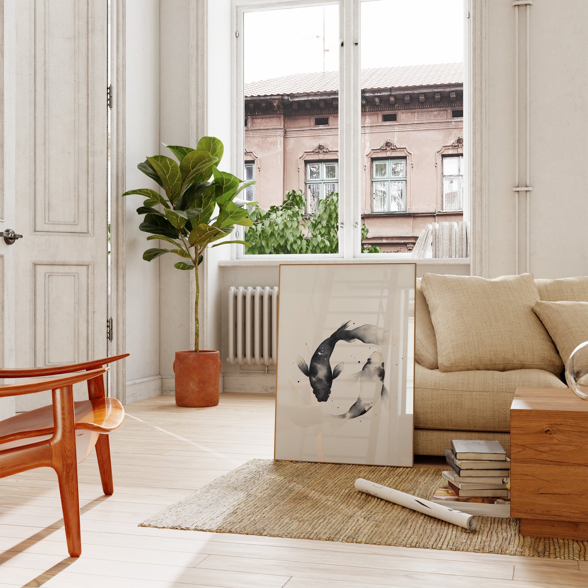 Bright apartment room with a cozy sofa, plants, and art.