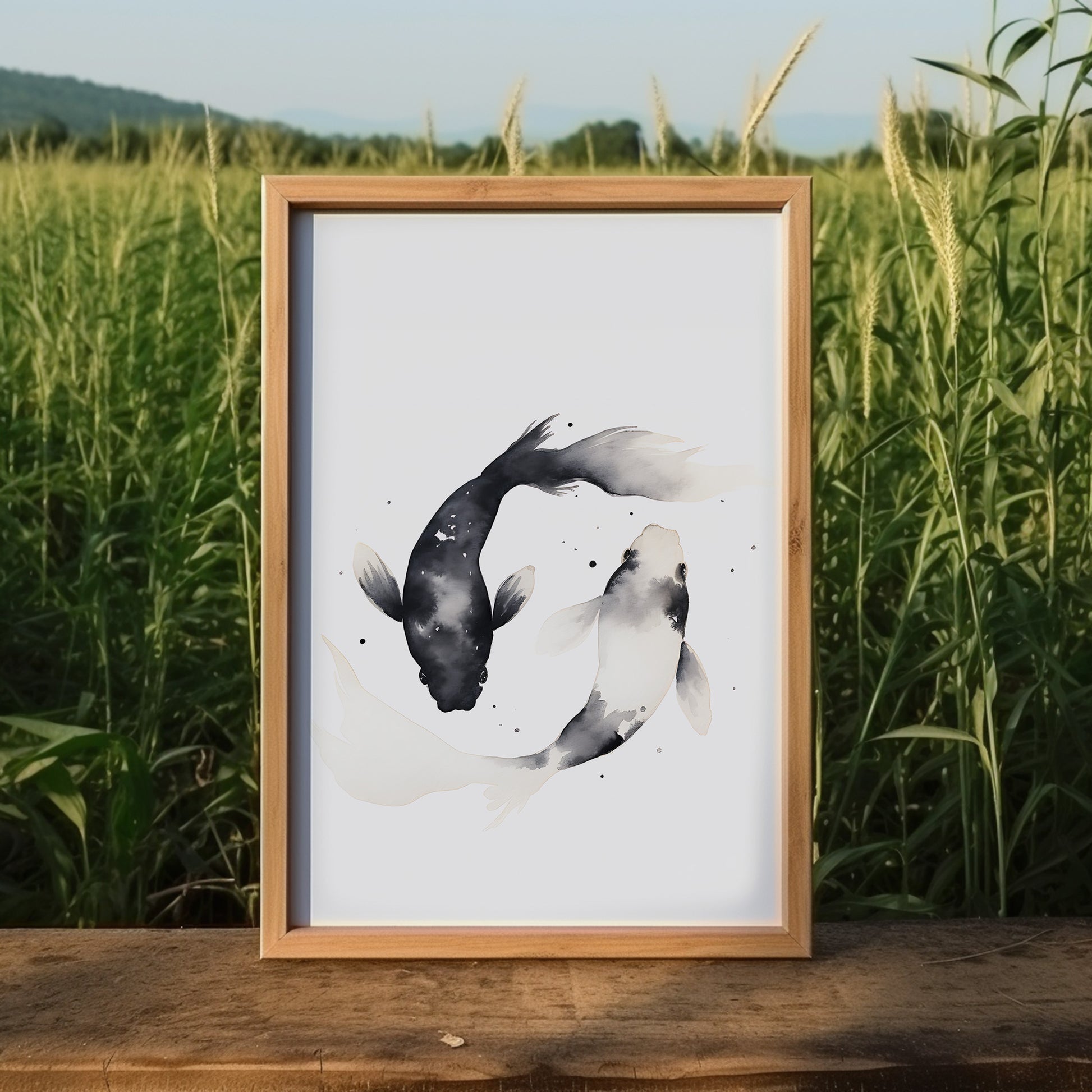 A framed illustration of two koi fish on a table with a field in the background.