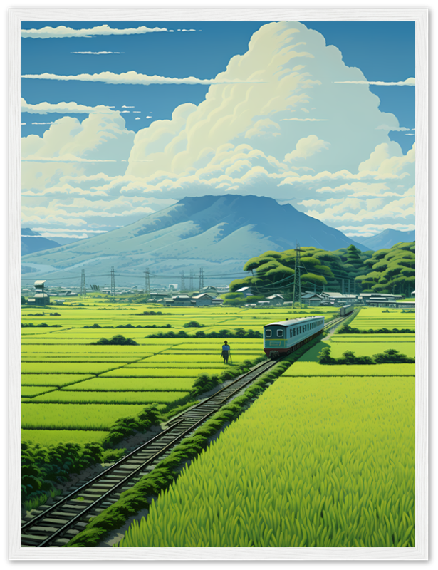 Illustration of a train traveling through a vibrant, rural landscape with mountains and a large cloud in the background.