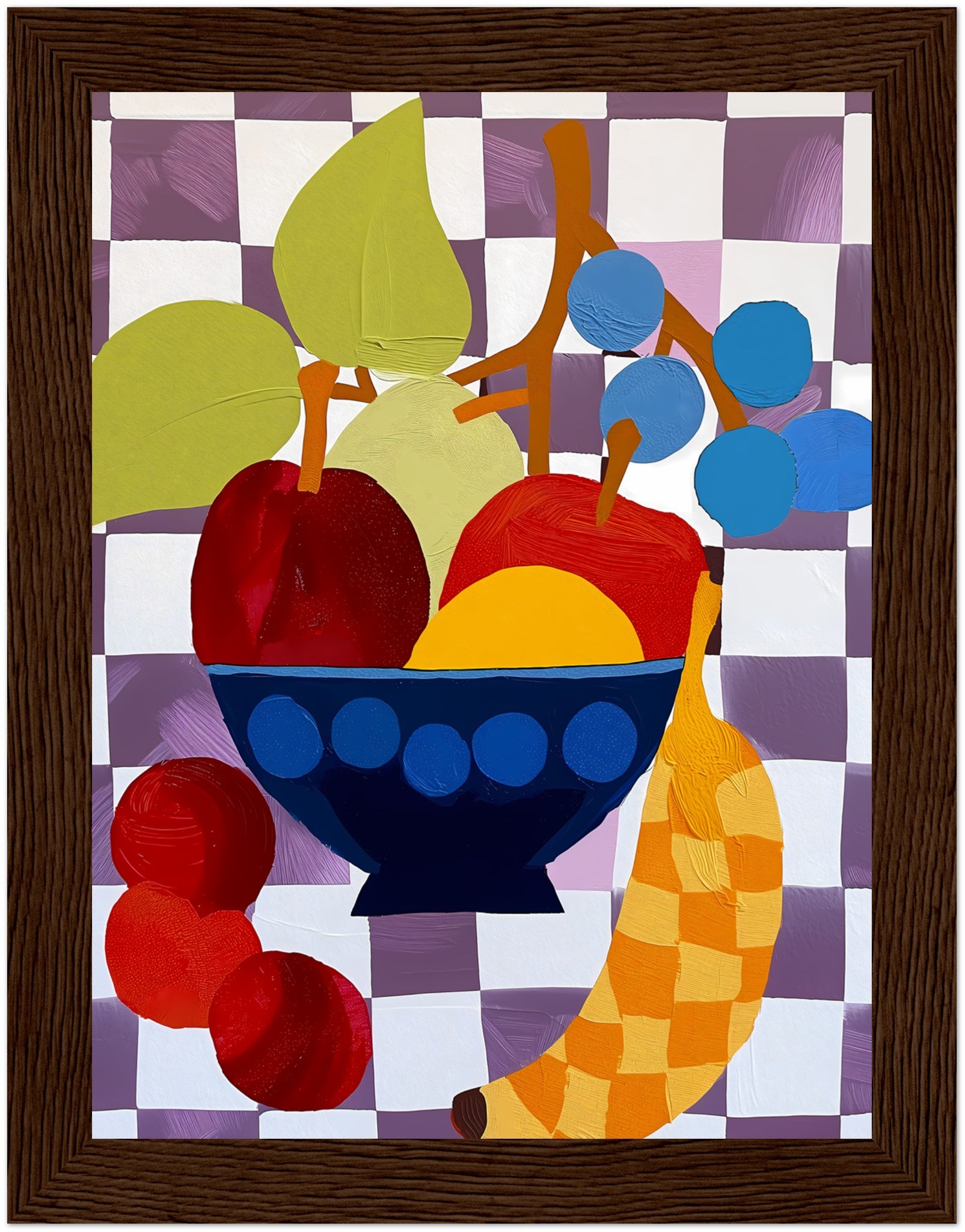 Abstract artwork of a fruit bowl with colorful, stylized shapes.