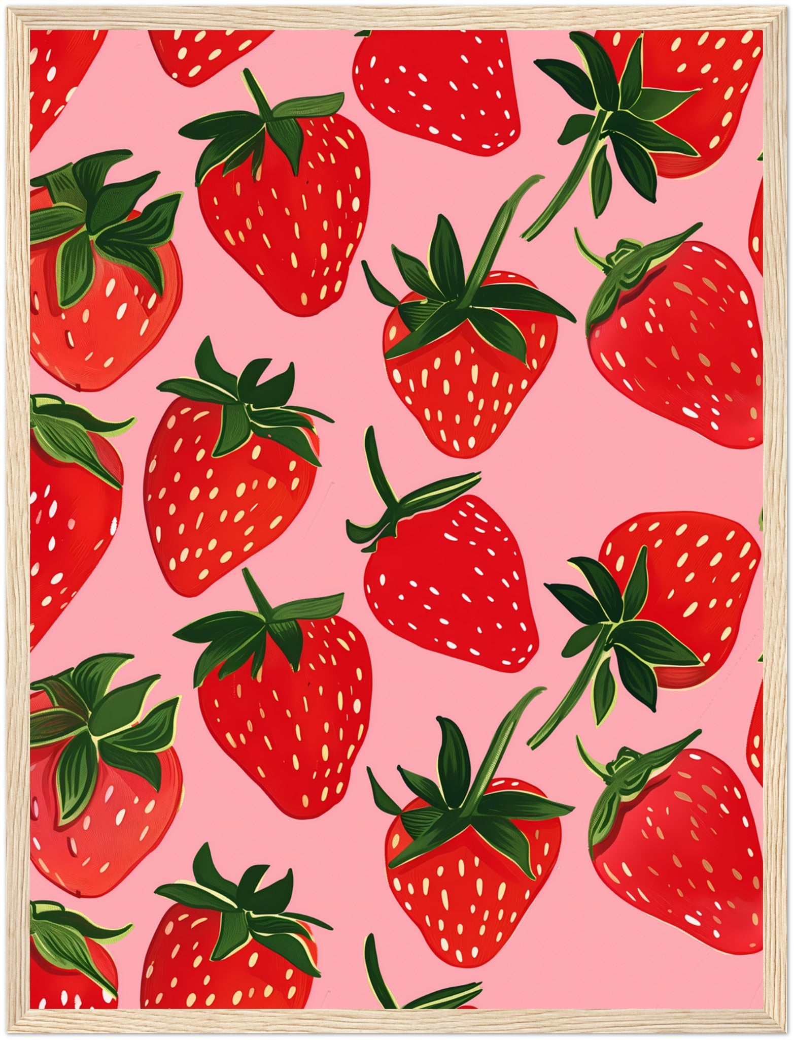 Colorful illustration of strawberries on a pink background.