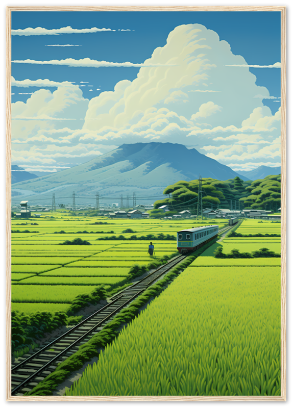 Illustration of a train traveling through a scenic countryside with lush green fields and a person walking nearby.