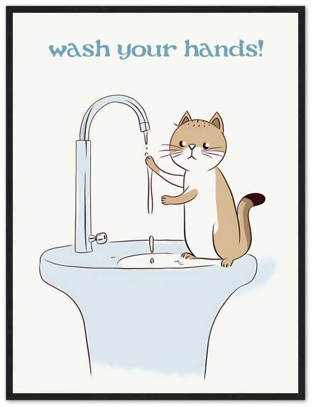Illustration of a cartoon cat washing its paw under a faucet with the text "wash your hands!" above it.