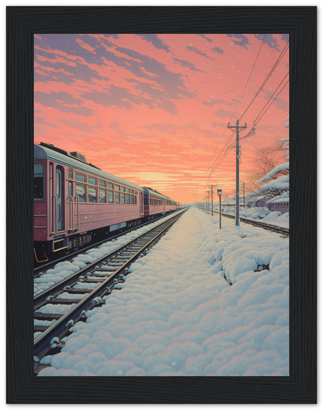 A train on snowy tracks under a pink and orange sunset sky, framed as a picture.