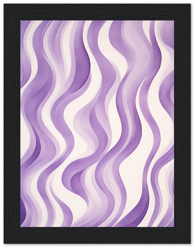 Framed abstract artwork featuring wavy purple lines on a light background.