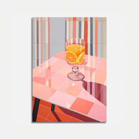 Illustration of an orange drink in a glass on a checkered table with striped background.