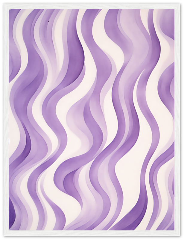 A framed artwork featuring abstract purple wavy lines on a light background.