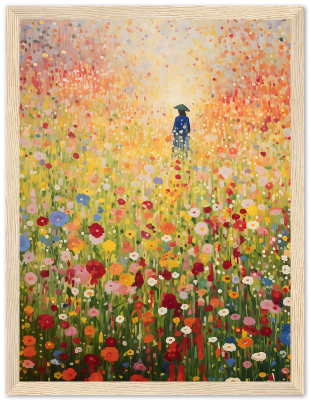 A painting of a person standing amidst a vibrant field of flowers displayed in a white frame.