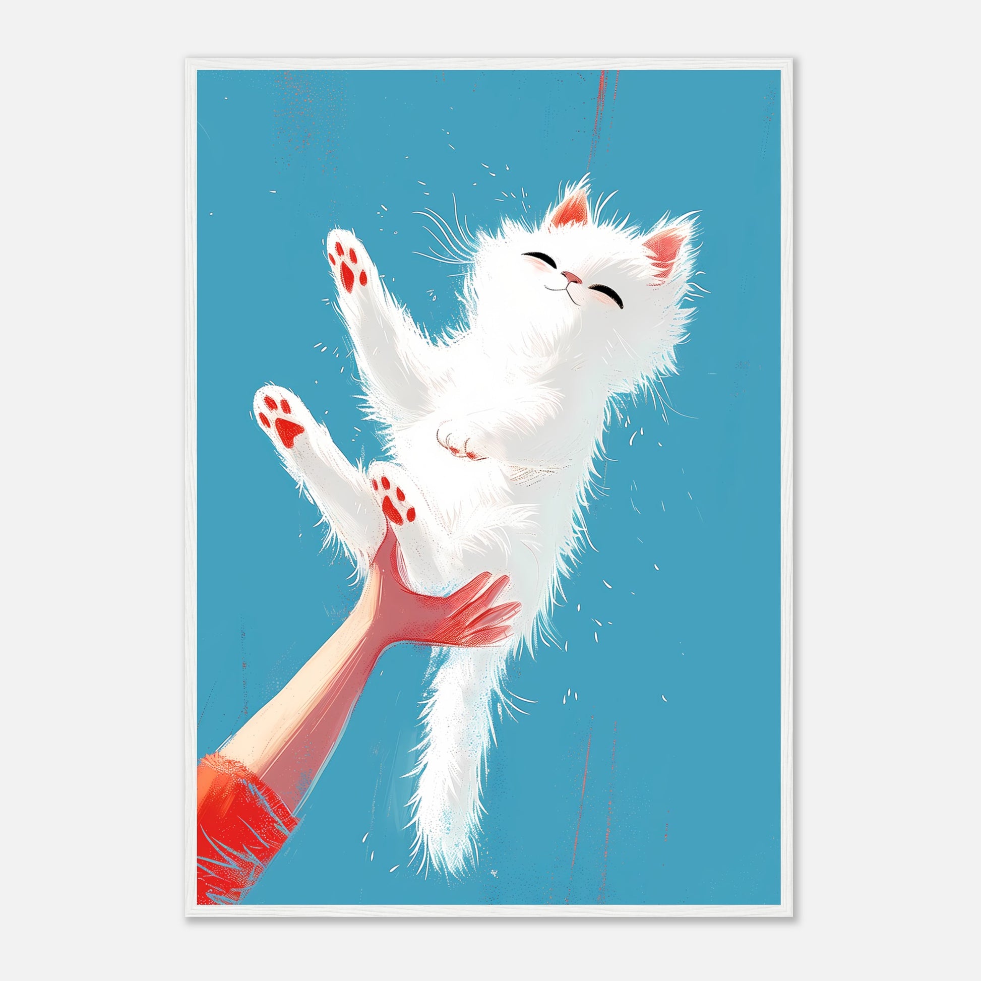 A framed illustration of a white fluffy kitten playfully swatted into the air by a human hand.