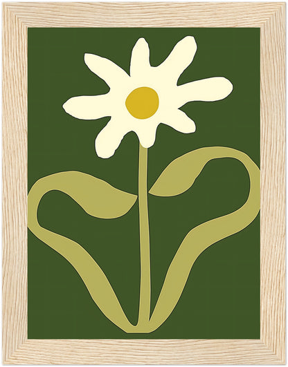 A stylized image of a white flower with a yellow center and green background, framed in brown.